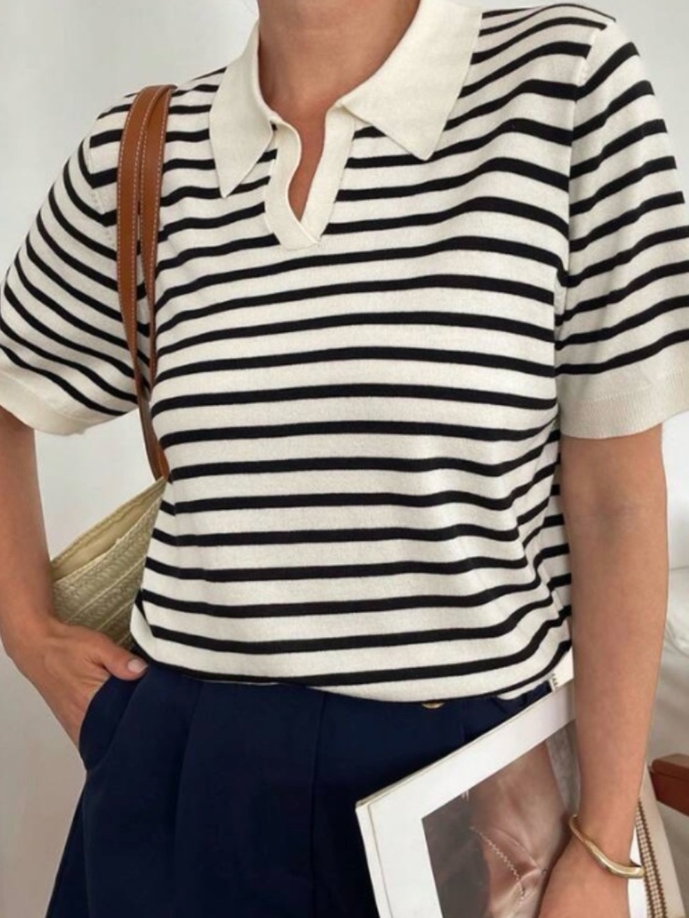 Floerns Striped Short-Sleeve Polo Top in Black & White-L poly